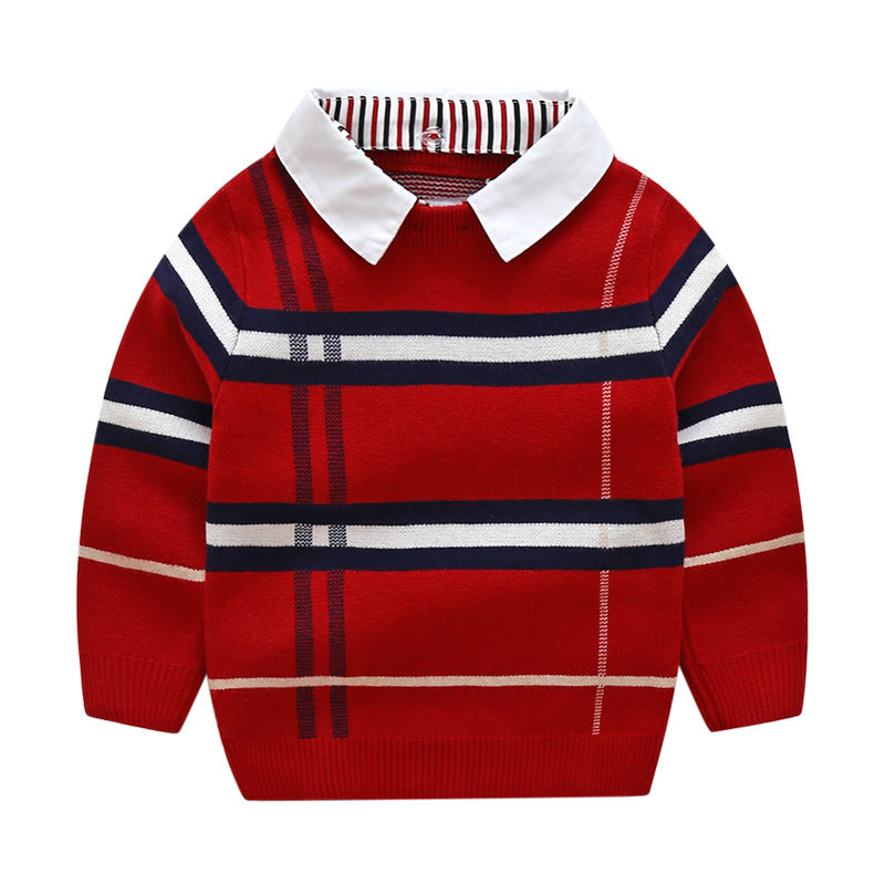 Boys' Plaid Jacquard Cotton Sweater – European and American Style Pullover for Winter and Autumn