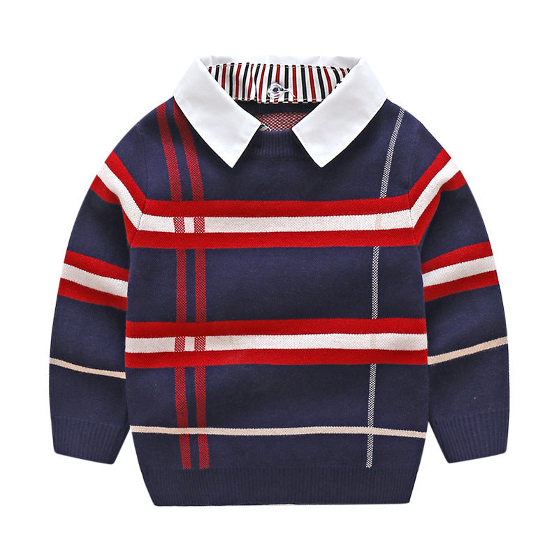 Boys' Plaid Jacquard Cotton Sweater – European and American Style Pullover for Winter and Autumn