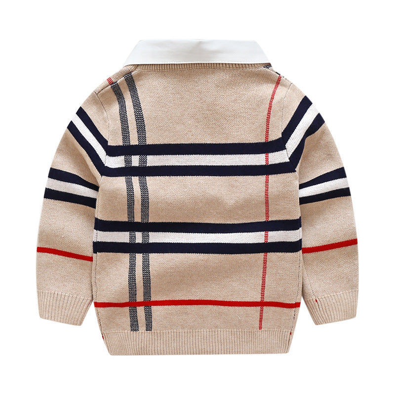 Boys' Plaid Jacquard Cotton Sweater – European and American Style Pullover for Winter and Autumn