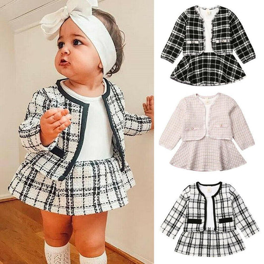 Stylish Two-Piece Long-Sleeved Baby Girl Outfit – Plaid Knitted Sweater & A-Line Mini Skirt Set for Kids