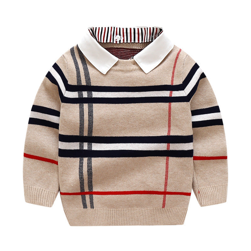 Boys' Plaid Jacquard Cotton Sweater – European and American Style Pullover for Winter and Autumn