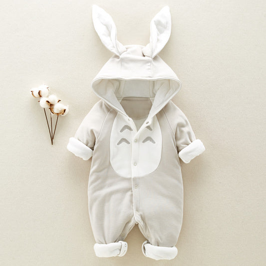 Newborn Baby Cotton Romper - Thick Padded Hooded Onesie with Adorable Cartoon Design