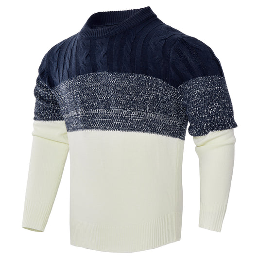 Men's Casual Colorblock Cable Knit Pullover Sweater – Long Sleeve Crew Neck for Everyday Wear